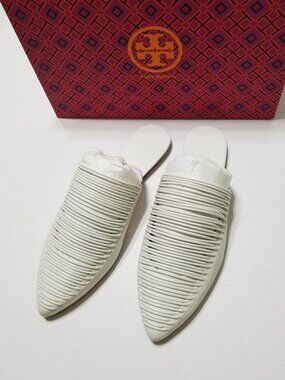 ✨NIB Tory Burch Sienna White Woven Leather Pointed Mules Flat Slides $298